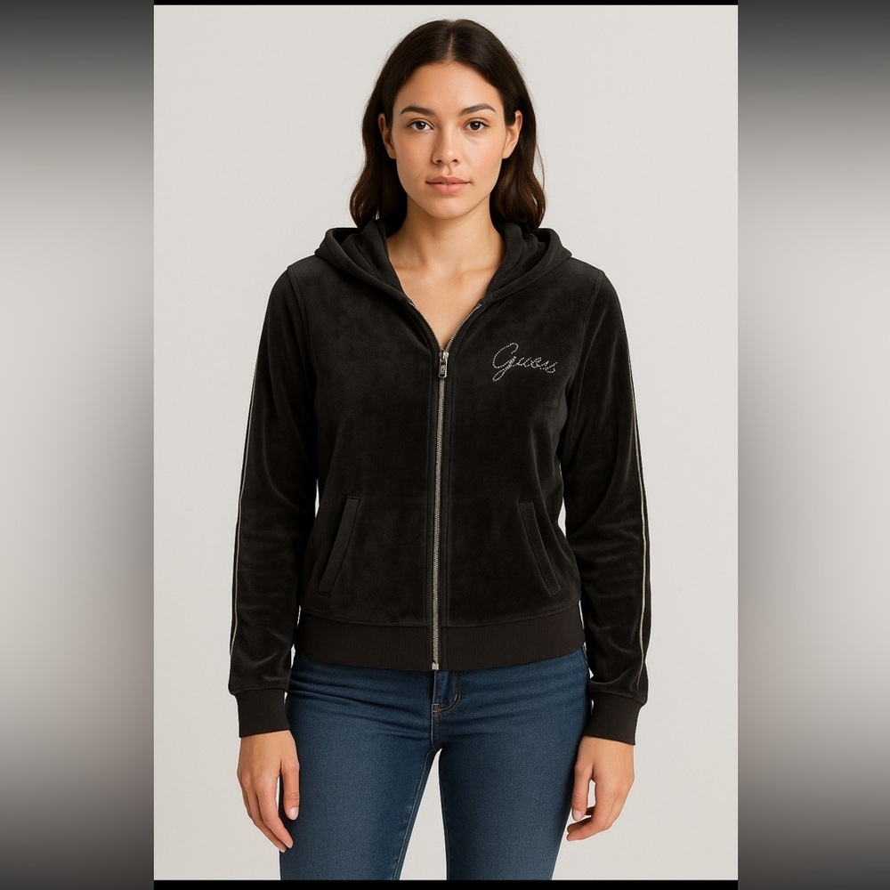 GUESS Los Angeles Black Velour Zip-Up Hoodie Women’s XL – Rhinestone Logo